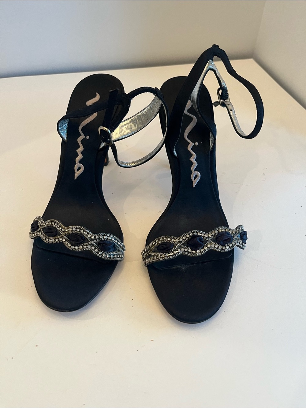 Nina Black Open-Toe Ankle-Strap Heels with Silver Embellishment